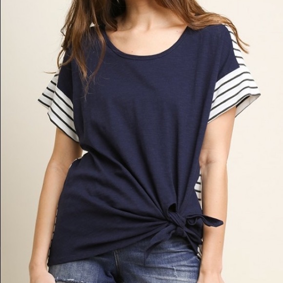 SALE 👀 Navy and Gray Striped Front Side Tie Top - Picture 3 of 5
